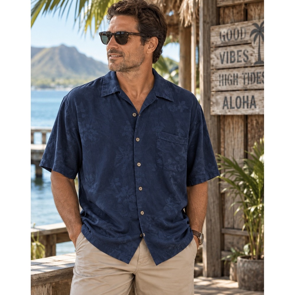 VTG Y2K Jamaica Jaxx Men's L 100% Silk Blue Floral Jacquard Button Down Shirt
